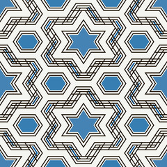 Oriental ancient mosaic seamless pattern. Arabesque ornament. Repeated geometric figures, hexagons, stars surface print