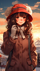 Fototapeta na wymiar anime girl in beautiful snow scenery