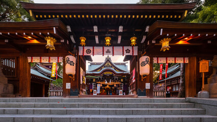 Fukuoka, Japan - Nov 20 2022: Kushida shrine in Hakata ward, founded in 757, the shrine dedicated...