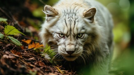 Fototapeta na wymiar A close up of a white tiger in the woods. Generative AI image.