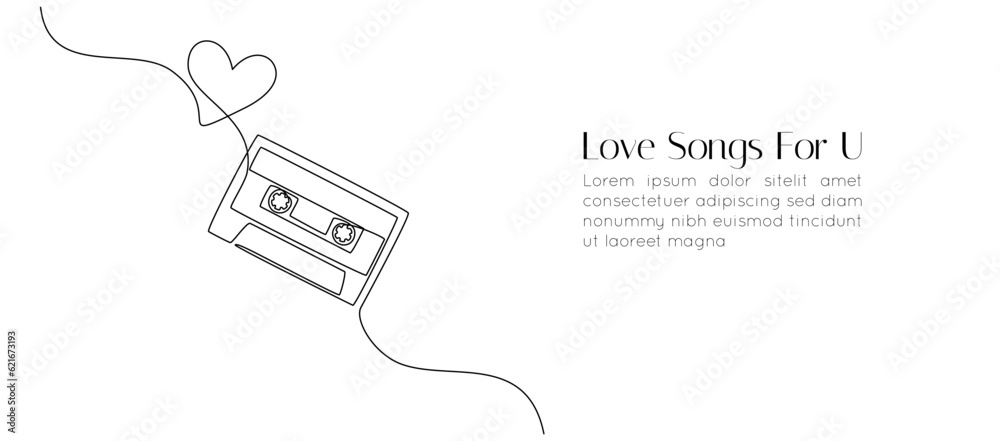 Poster One continuous line drawing of audio cassette tape with heart. Retro and vintage music and mixtape concept in simple linear style. Editable stroke. Doodle Vector illustration