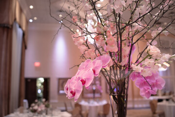 Fairytale Wedding Blush Pink Rose Orchids Cherry Blossom Branches Reception Ceremony Elegant Flower Event Flowers Events Table Settings
