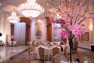 Fairytale Wedding Blush Pink Rose Orchids Cherry Blossom Branches Reception Ceremony Elegant Flower Event Flowers Events Table Settings