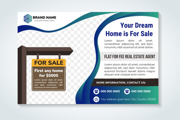 abstract flyer template design use a headline is your dream, home in for sale. Horizontal layout with space for photo collage. white background with blue green gradient colors on elements. board wood.