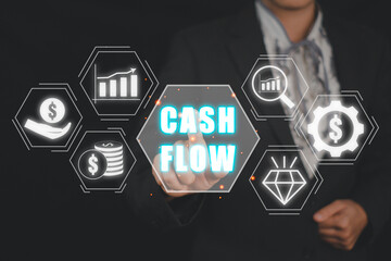 Cash flow concept, Business person hand select cash flow icon on virtual screen.