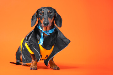 Adult dog with blue ribbon around his neck, prostate cancer prevention, symbol of day, awareness, problem Dachshund in fashionable clothes, leather jacket. Midlife crisis, rebellion Designer, eclectic