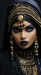 Fototapeta na wymiar A woman in a black and gold costume. Generative AI image.