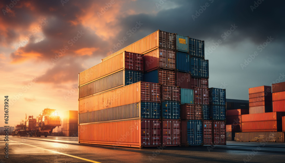 Wall mural stack of blue container boxes with sky background. cargo freight shipping for import and export logi