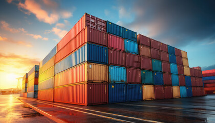 Fototapeta premium Stack of blue container boxes with sky background. Cargo freight shipping for import and export logistics