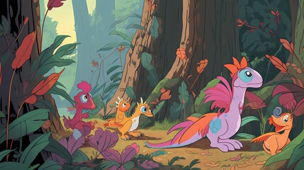Dinosaur in a Magical Jungle - Dinosaur in Pony Style, Defending Its Eggs Amidst Whimsical Foliage and Sparkling Gemstones. Generative AI