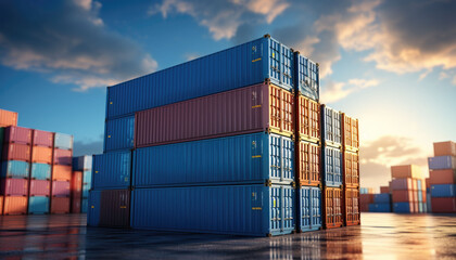 Fototapeta premium Stack of blue container boxes with sky background. Cargo freight shipping for import and export logistics