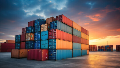 Fototapeta premium Stack of blue container boxes with sky background. Cargo freight shipping for import and export logistics