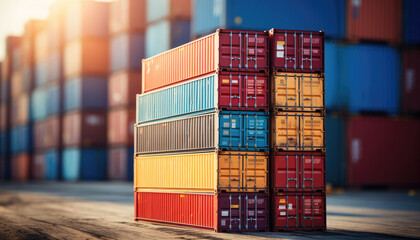 Fototapeta premium Stack of blue container boxes with sky background. Cargo freight shipping for import and export logistics