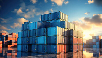 Fototapeta premium Stack of blue container boxes with sky background. Cargo freight shipping for import and export logistics