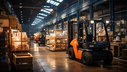 Fototapeta na wymiar modern busy warehouse with workers, forklift, boxes, rows, upfront close of a manager looking on, professional photography and color grading