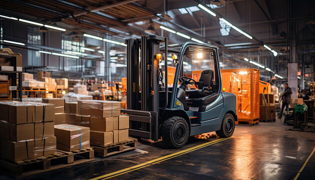 modern busy warehouse with workers, forklift, boxes, rows, upfront close of a manager looking on, professional photography and color grading