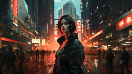Fototapeta premium anime girl cyberpunk digital painting