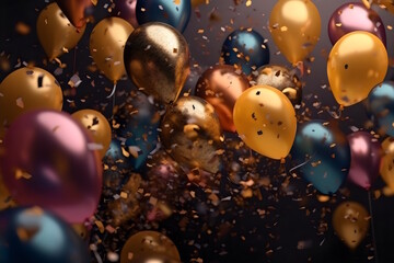 Glowing Golden Balloons against a Confetti Background, Perfect for New Year's Panels, Photography, and Adding a Touch of Elegance to Celebrations. Generative AI