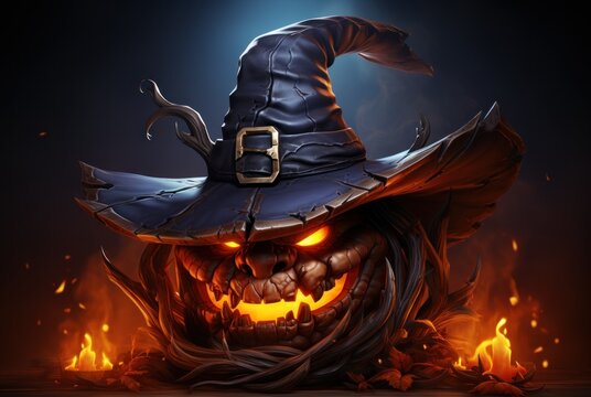 A halloween pumpkin wearing a witch hat. Generative AI image.