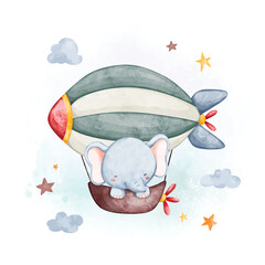 Watercolor illustration elephant and zeppelin plane with clouds and stars © Stella
