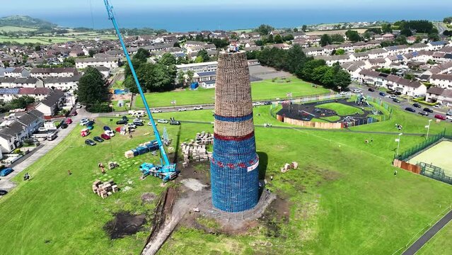 Aerial View of Erecting the Eleventh Night Bonfire Celebrations at Craigyhill Larne Northern Ireland 