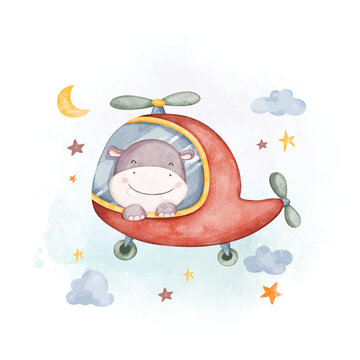Watercolor illustration hippo in helicopter with clouds and stars