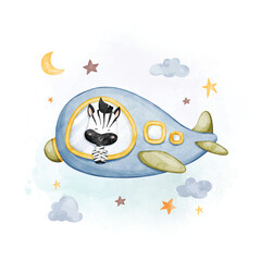 Watercolor illustration zebra in aeroplane with clouds and stars