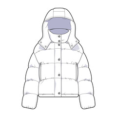 Winter puffer coat front view fashion flat sketch for Tech Pack. Jacket with hood and pockets on a zipper, CAD drawing, black and white, vector graphics for garment production apparel brand, for women © Mariia