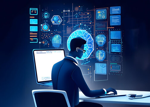 Dynamic stock image showcasing data science, AI, and digital technology in a smart office environment