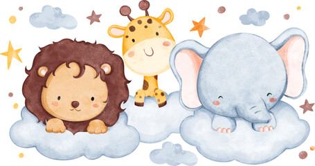 Watercolor illustration safari animals and cloud