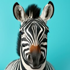 Fototapeta na wymiar A close up of a zebra's face against a blue background. Generative AI image.