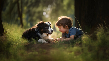 child playing with dog