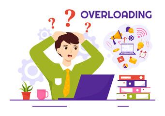 Overloading Vector Illustration with Busy work and Multitasking Employee to Finish Many Documents or Digital Information in Hand Drawn Templates