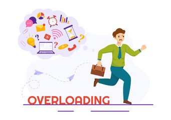 Overloading Vector Illustration with Busy work and Multitasking Employee to Finish Many Documents or Digital Information in Hand Drawn Templates