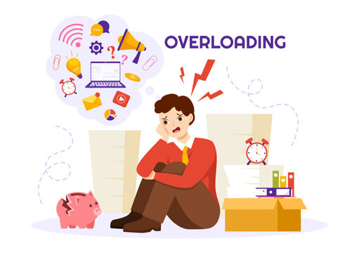 Overloading Vector Illustration with Busy work and Multitasking Employee to Finish Many Documents or Digital Information in Hand Drawn Templates