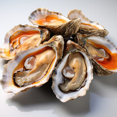 Naklejka premium Fresh oysters served with shell and lemon vinegar sauce on a white background created with Generative AI Technology