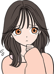 不安に思いあごに手を当てるロングヘアの可愛い女の子