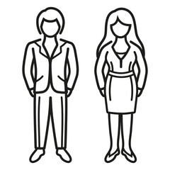 Business man and woman person, office workers, toilet couple, company staff line icon. Elegant male and female family figure. Businessman and businesswoman. Corporate member, team work. Outline vector