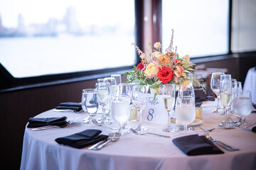 Cruise Wedding Beautiful Romantic Ceremony Reception Table Settings Event Events Flower Flowers Cake Glass Silverware