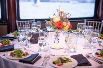 Cruise Wedding Beautiful Romantic Ceremony Reception Table Settings Event Events Flower Flowers Cake Glass Silverware