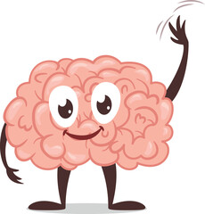 Smiling cartoon brain waving hand friendly greeting character vector flat illustration