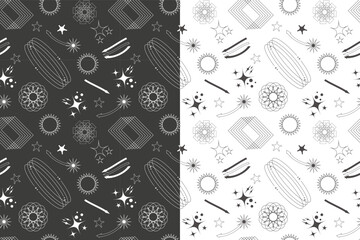 Seamless pattern of geometric frame shapes and grids Retro-futuristic set. Abstract vector illustration.