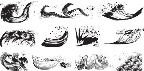 波　波しぶき　手書きの毛筆イラスト