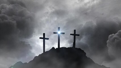 three shining crosses on hill thunderstorm background