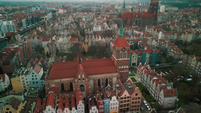Beautiful Panoramic Aerial View from rone of the Old City of Gdansk, Poland