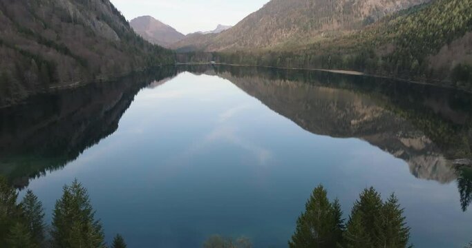 Langbathseen Lake, Upper Austria. Aerial View of Idyllic Landscape Under Hills of Austrian Alps