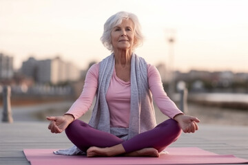 Fototapeta na wymiar A senior woman with short gray hair meditates outdoors in a park. The concept of an attractive beautiful elderly woman, a mature woman with an active lifestyle.Generative AI 