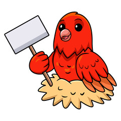 Cute red factor canary cartoon holding blank sign