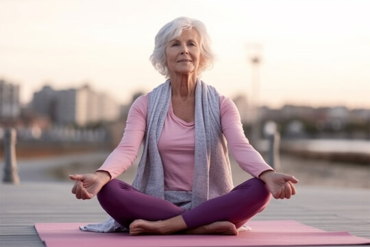 A senior woman with short gray hair meditates outdoors in a park. The concept of an attractive beautiful elderly woman, a mature woman with an active lifestyle.Generative AI 