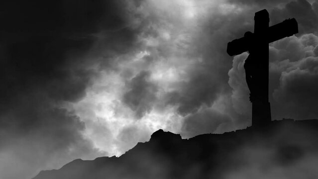 silhouette of god jesus crucified thunderstorm background.